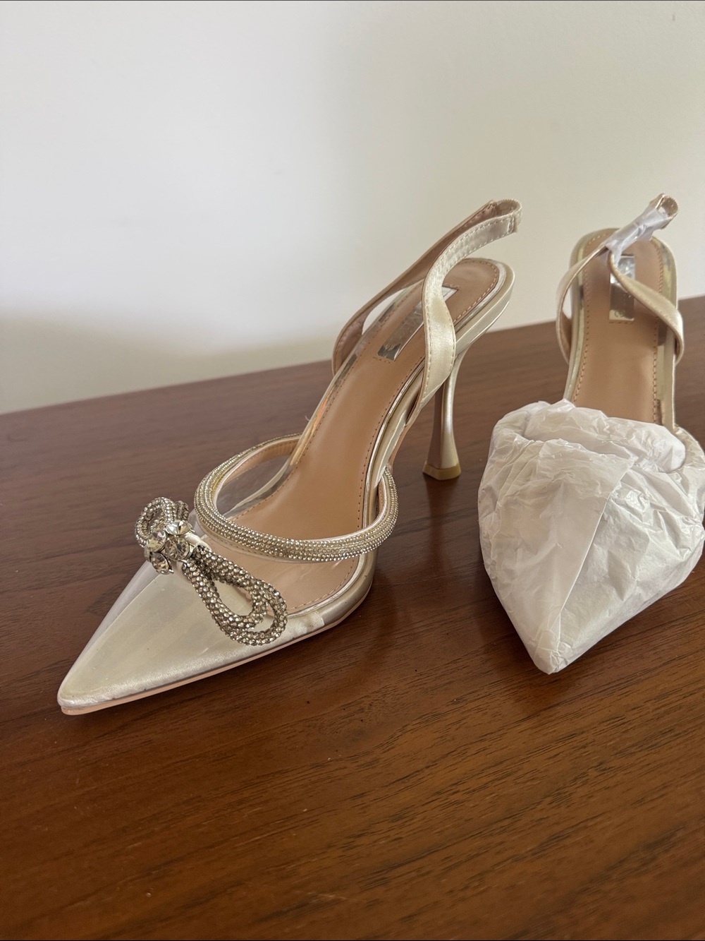 Bridal Shoes Wedding Women's Ivory Satin Pointed-Toe Slingback Heels with Bow